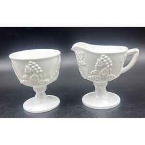 VTG‎ Indiana Colony Harvest Grape White Milk Glass Pedestal Creamer Sugar Set